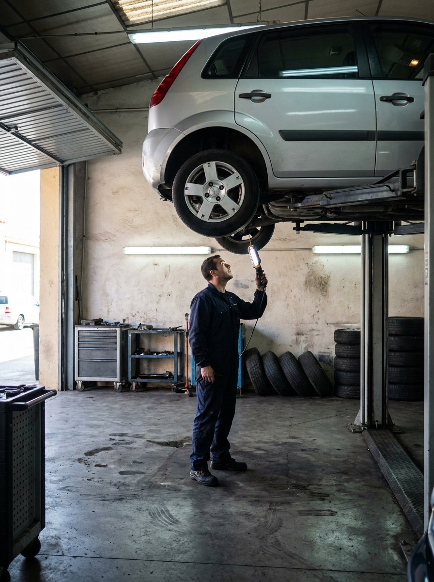 Mecánico revisando los bajos de un coche en Talleres Abdul