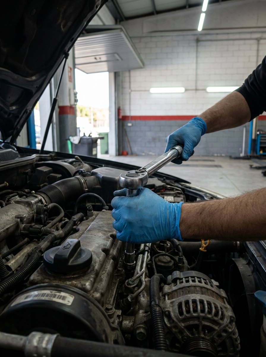 Ajuste con llave dinamométrica en el motor de un coche